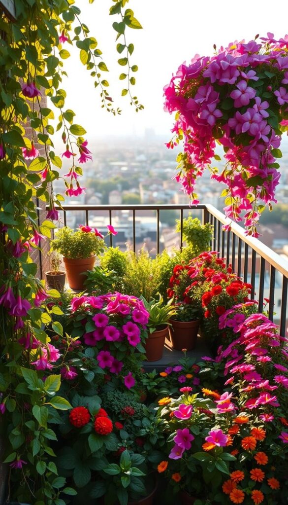 A balcony filled with a vibrant array of blooming flowers, bathed in soft, warm sunlight. In the foreground, cascading vines spill over the railings, their delicate petals swaying gently in the breeze. Clustered among them, a collection of potted plants in various sizes and colors - lush fuchsias, trailing ivy, and fragrant herbs. The middle ground features a harmonious mix of trailing petunias, cheerful marigolds, and delicate impatiens, their blossoms creating a colorful tapestry. In the background, the backdrop is a picturesque cityscape, with the skyline softened by the verdant foliage. The overall scene exudes a sense of tranquility and natural beauty, inviting the viewer to imagine themselves relaxing on this enchanting balcony oasis. A balcony filled with a vibrant array of blooming flowers, bathed in soft, warm sunlight. In the foreground, cascading vines spill over the railings, their delicate petals swaying gently in the breeze. Clustered among them, a collection of potted plants in various sizes and colors - lush fuchsias, trailing ivy, and fragrant herbs. The middle ground features a harmonious mix of trailing petunias, cheerful marigolds, and delicate impatiens, their blossoms creating a colorful tapestry. In the background, the backdrop is a picturesque cityscape, with the skyline softened by the verdant foliage. The overall scene exudes a sense of tranquility and natural beauty, inviting the viewer to imagine themselves relaxing on this enchanting balcony oasis.