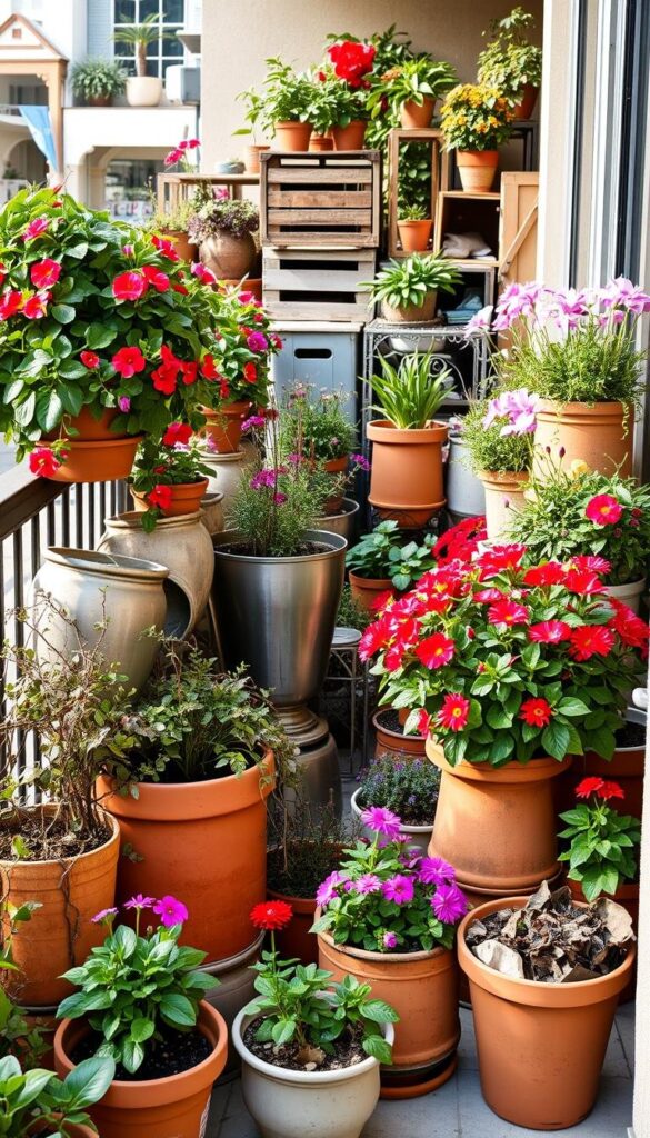 A balcony filled with an artful arrangement of vibrant flower pots and containers. In the foreground, a collection of terracotta planters overflowing with cascading vines and blooming annuals. In the middle ground, sleek metal and ceramic vessels housing lush foliage and vibrant petals. The background showcases a harmonious blend of varied shapes, sizes, and textures - from weathered wooden crates to modern geometric planters. Soft, natural lighting illuminates the scene, casting warm, golden hues across the diverse display. The overall composition exudes a sense of effortless elegance, inviting the viewer to imagine the balcony as a serene oasis amidst the urban landscape. A balcony filled with an artful arrangement of vibrant flower pots and containers. In the foreground, a collection of terracotta planters overflowing with cascading vines and blooming annuals. In the middle ground, sleek metal and ceramic vessels housing lush foliage and vibrant petals. The background showcases a harmonious blend of varied shapes, sizes, and textures - from weathered wooden crates to modern geometric planters. Soft, natural lighting illuminates the scene, casting warm, golden hues across the diverse display. The overall composition exudes a sense of effortless elegance, inviting the viewer to imagine the balcony as a serene oasis amidst the urban landscape.