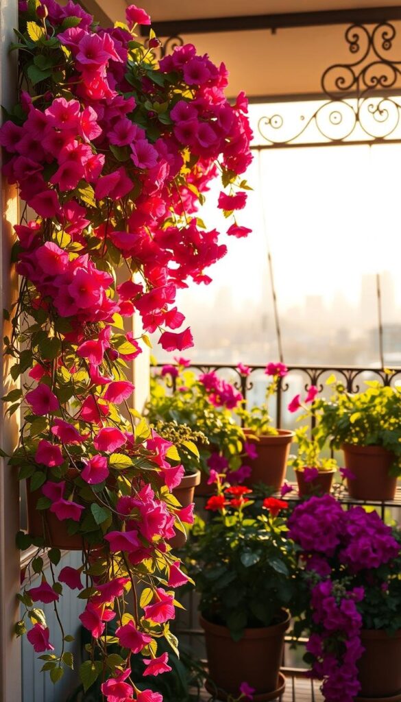 A balcony overflowing with lush, vibrant flower pots bathed in warm, golden sunlight. In the foreground, cascading vines and blooms in rich, jewel-toned hues spill over the railing, creating a welcoming, natural display. The middle ground showcases a variety of potted plants, their leaves and petals gently swaying in the soft breeze. In the background, the city skyline is visible through the ornate iron railing, providing a tranquil, urban backdrop. The lighting is soft and diffused, creating a serene, inviting atmosphere that highlights the intricate textures and vibrant colors of the flowers. The overall composition emphasizes the beauty and potential of small-space gardening, with a focus on maximizing sunlight exposure to help the blooms thrive. A balcony overflowing with lush, vibrant flower pots bathed in warm, golden sunlight. In the foreground, cascading vines and blooms in rich, jewel-toned hues spill over the railing, creating a welcoming, natural display. The middle ground showcases a variety of potted plants, their leaves and petals gently swaying in the soft breeze. In the background, the city skyline is visible through the ornate iron railing, providing a tranquil, urban backdrop. The lighting is soft and diffused, creating a serene, inviting atmosphere that highlights the intricate textures and vibrant colors of the flowers. The overall composition emphasizes the beauty and potential of small-space gardening, with a focus on maximizing sunlight exposure to help the blooms thrive.