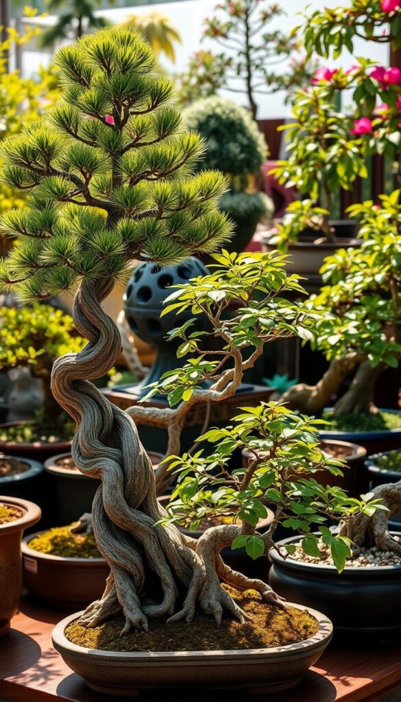 A beautifully composed arrangement of diverse bonsai tree species, showcasing their intricate forms and unique characteristics. The foreground features a majestic Juniper bonsai with its twisted, weathered trunk and vibrant green foliage. In the middle ground, a graceful Maple bonsai with its delicate, lace-like leaves stands tall, complemented by a miniature Ficus bonsai with its intricate root system. The background is filled with a variety of other bonsai species, including a sturdy Elm, a lush Chinese Elm, and a delicate Azalea, each displaying the remarkable artistry and creativity of bonsai cultivation. The scene is bathed in warm, natural lighting, casting gentle shadows that accentuate the intricate details of the plants. The overall composition evokes a sense of tranquility and harmony, perfectly capturing the essence of the "Types of Bonsai Trees" section. A beautifully composed arrangement of diverse bonsai tree species, showcasing their intricate forms and unique characteristics. The foreground features a majestic Juniper bonsai with its twisted, weathered trunk and vibrant green foliage. In the middle ground, a graceful Maple bonsai with its delicate, lace-like leaves stands tall, complemented by a miniature Ficus bonsai with its intricate root system. The background is filled with a variety of other bonsai species, including a sturdy Elm, a lush Chinese Elm, and a delicate Azalea, each displaying the remarkable artistry and creativity of bonsai cultivation. The scene is bathed in warm, natural lighting, casting gentle shadows that accentuate the intricate details of the plants. The overall composition evokes a sense of tranquility and harmony, perfectly capturing the essence of the "Types of Bonsai Trees" section.
