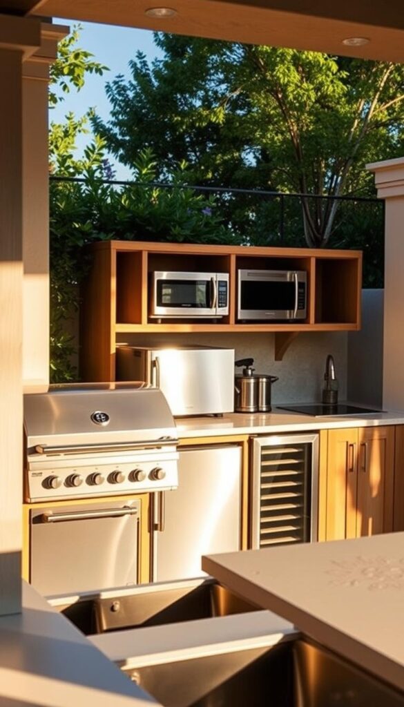 A beautifully designed outdoor kitchen, bathed in warm afternoon sunlight. In the foreground, a sleek stainless steel grill and a built-in sink with ample counter space for food prep. Behind, a row of modern appliances - a compact refrigerator, a multi-function convection oven, and a versatile cooktop. Elegant cabinetry and shelving provide generous storage for cookware and utensils. The overall layout is both functional and visually appealing, seamlessly blending form and function. The space is flanked by lush greenery, creating a serene, natural backdrop. A perfect balance of convenience and outdoor ambiance. A beautifully designed outdoor kitchen, bathed in warm afternoon sunlight. In the foreground, a sleek stainless steel grill and a built-in sink with ample counter space for food prep. Behind, a row of modern appliances - a compact refrigerator, a multi-function convection oven, and a versatile cooktop. Elegant cabinetry and shelving provide generous storage for cookware and utensils. The overall layout is both functional and visually appealing, seamlessly blending form and function. The space is flanked by lush greenery, creating a serene, natural backdrop. A perfect balance of convenience and outdoor ambiance.