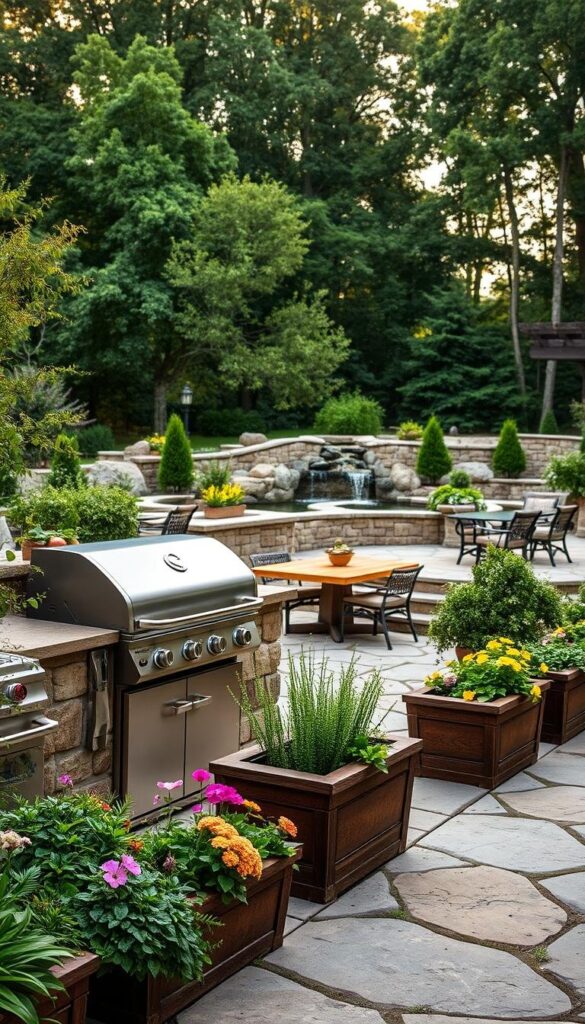 A beautifully landscaped outdoor kitchen, nestled amidst lush greenery and natural stone. In the foreground, a state-of-the-art grill and smoker setup, surrounded by meticulously arranged planters brimming with fragrant herbs and vibrant flowers. The middle ground features a well-designed seating area, with a rustic wooden table and chairs, inviting guests to gather and enjoy alfresco dining. In the background, a softly flowing water feature and a backdrop of mature trees create a serene, nature-inspired ambiance. The entire scene is bathed in warm, golden lighting, creating a cozy and inviting atmosphere, perfect for enhancing your outdoor kitchen experience. A beautifully landscaped outdoor kitchen, nestled amidst lush greenery and natural stone. In the foreground, a state-of-the-art grill and smoker setup, surrounded by meticulously arranged planters brimming with fragrant herbs and vibrant flowers. The middle ground features a well-designed seating area, with a rustic wooden table and chairs, inviting guests to gather and enjoy alfresco dining. In the background, a softly flowing water feature and a backdrop of mature trees create a serene, nature-inspired ambiance. The entire scene is bathed in warm, golden lighting, creating a cozy and inviting atmosphere, perfect for enhancing your outdoor kitchen experience.
