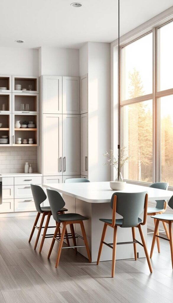 A bright, airy Scandinavian kitchen bathed in natural light. The foreground features a sleek, minimalist kitchen island with a clean white countertop and wooden accents. Surrounding the island are classic Scandinavian-style chairs in a soft, muted palette of grays, blues, and greens. The middle ground showcases tall, built-in cabinets with a mix of open and closed storage, complemented by a neutral tile backsplash. The background reveals large windows overlooking a serene, forested landscape, casting a warm, golden glow throughout the space. The overall atmosphere is one of calm, cozy sophistication, perfectly embodying the Scandinavian design aesthetic. A bright, airy Scandinavian kitchen bathed in natural light. The foreground features a sleek, minimalist kitchen island with a clean white countertop and wooden accents. Surrounding the island are classic Scandinavian-style chairs in a soft, muted palette of grays, blues, and greens. The middle ground showcases tall, built-in cabinets with a mix of open and closed storage, complemented by a neutral tile backsplash. The background reveals large windows overlooking a serene, forested landscape, casting a warm, golden glow throughout the space. The overall atmosphere is one of calm, cozy sophistication, perfectly embodying the Scandinavian design aesthetic.