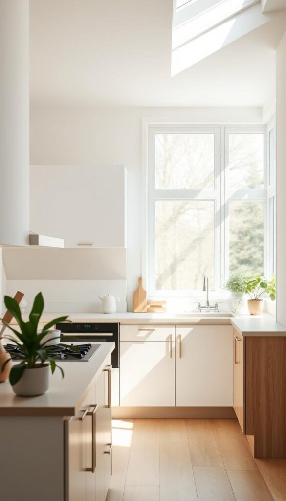 A bright, airy Scandinavian kitchen with minimalist, natural aesthetics. The room is flooded with soft, diffused natural light streaming through large windows, casting a warm glow on the clean, white cabinetry and wooden accents. The countertops are made of light-colored, high-quality stone, complemented by simple, streamlined appliances. Potted plants and a few carefully chosen decor pieces add subtle pops of greenery and texture, while the overall design emphasizes open, uncluttered space and a sense of calm. The composition captures the kitchen from a slightly elevated angle, highlighting the clean lines, harmonious color palette, and tranquil atmosphere of this quintessential Scandinavian cooking environment. A bright, airy Scandinavian kitchen with minimalist, natural aesthetics. The room is flooded with soft, diffused natural light streaming through large windows, casting a warm glow on the clean, white cabinetry and wooden accents. The countertops are made of light-colored, high-quality stone, complemented by simple, streamlined appliances. Potted plants and a few carefully chosen decor pieces add subtle pops of greenery and texture, while the overall design emphasizes open, uncluttered space and a sense of calm. The composition captures the kitchen from a slightly elevated angle, highlighting the clean lines, harmonious color palette, and tranquil atmosphere of this quintessential Scandinavian cooking environment.