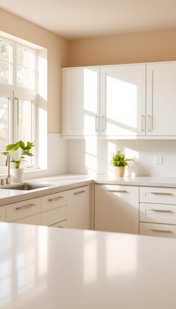 A bright, airy beige kitchen with gleaming countertops and pristine white cabinetry. Diffused natural light floods the space, creating a warm, inviting ambiance. The smooth, uncluttered surfaces are meticulously clean, free of any visible dust or smudges. A couple of potted plants add a touch of greenery, complementing the neutral color palette. The scene is captured from a slightly elevated angle, emphasizing the sense of order and tranquility. The overall mood is one of understated elegance and effortless maintenance, reflecting the harmonious and well-kept nature of this beige kitchen design. A bright, airy beige kitchen with gleaming countertops and pristine white cabinetry. Diffused natural light floods the space, creating a warm, inviting ambiance. The smooth, uncluttered surfaces are meticulously clean, free of any visible dust or smudges. A couple of potted plants add a touch of greenery, complementing the neutral color palette. The scene is captured from a slightly elevated angle, emphasizing the sense of order and tranquility. The overall mood is one of understated elegance and effortless maintenance, reflecting the harmonious and well-kept nature of this beige kitchen design.