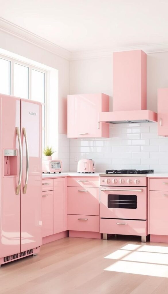 A bright, airy kitchen filled with a coordinated set of sleek, modern pink appliances. The foreground features a large, shiny retro-style refrigerator in a soft, pastel pink hue, its chrome accents gleaming. In the middle ground, a matching pink oven and stove top are flanked by a pink toaster and blender on the pristine white countertops. Soft, natural lighting filters through the large windows, casting a warm glow over the space. The background showcases a minimalist, white-tiled backsplash and light hardwood floors, emphasizing the chic, cohesive pink aesthetic. An overall sense of high-end, stylish sophistication permeates the scene. A bright, airy kitchen filled with a coordinated set of sleek, modern pink appliances. The foreground features a large, shiny retro-style refrigerator in a soft, pastel pink hue, its chrome accents gleaming. In the middle ground, a matching pink oven and stove top are flanked by a pink toaster and blender on the pristine white countertops. Soft, natural lighting filters through the large windows, casting a warm glow over the space. The background showcases a minimalist, white-tiled backsplash and light hardwood floors, emphasizing the chic, cohesive pink aesthetic. An overall sense of high-end, stylish sophistication permeates the scene.