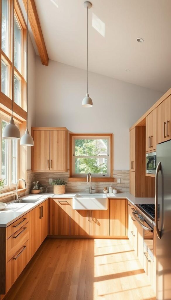 A bright, airy kitchen with natural wood cabinets, sleek pendant lighting, and large windows that flood the space with warm sunlight. The countertops are made of recycled glass or stone, complemented by a backsplash of sustainable materials like bamboo or reclaimed tiles. A farmhouse-style sink sits below a window overlooking a small herb garden. The floor is covered in durable, eco-friendly flooring like bamboo or cork. Minimalist yet functional appliances in muted tones blend seamlessly into the design. The overall aesthetic is modern, clean, and in harmony with nature. A bright, airy kitchen with natural wood cabinets, sleek pendant lighting, and large windows that flood the space with warm sunlight. The countertops are made of recycled glass or stone, complemented by a backsplash of sustainable materials like bamboo or reclaimed tiles. A farmhouse-style sink sits below a window overlooking a small herb garden. The floor is covered in durable, eco-friendly flooring like bamboo or cork. Minimalist yet functional appliances in muted tones blend seamlessly into the design. The overall aesthetic is modern, clean, and in harmony with nature.