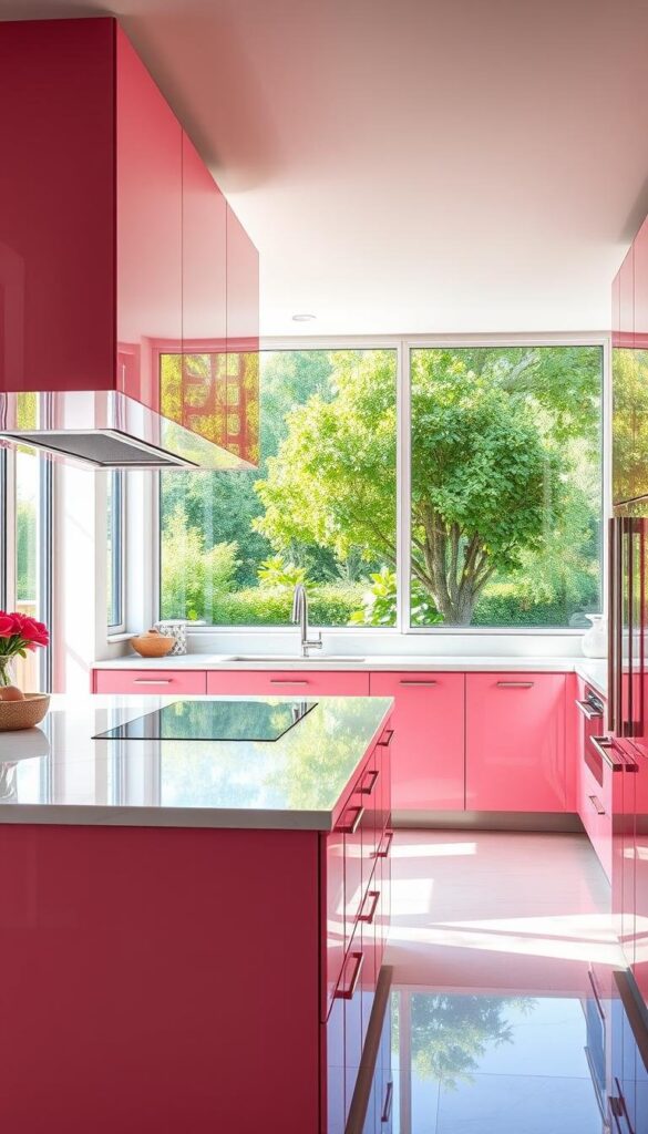 A bright, airy kitchen with stunning pink cabinets that radiate warmth and elegance. The cabinets have a sleek, modern design with clean lines and a high-gloss finish that reflects the soft, natural light flooding the space. The countertops are a crisp white marble, complementing the pink hues and creating a harmonious color palette. Stainless steel appliances and fixtures add a touch of industrial chic, while the large windows offer panoramic views of a lush, verdant garden outside. The overall atmosphere is one of sophistication and tranquility, inviting the viewer to envision themselves preparing a delectable meal in this dream kitchen. A bright, airy kitchen with stunning pink cabinets that radiate warmth and elegance. The cabinets have a sleek, modern design with clean lines and a high-gloss finish that reflects the soft, natural light flooding the space. The countertops are a crisp white marble, complementing the pink hues and creating a harmonious color palette. Stainless steel appliances and fixtures add a touch of industrial chic, while the large windows offer panoramic views of a lush, verdant garden outside. The overall atmosphere is one of sophistication and tranquility, inviting the viewer to envision themselves preparing a delectable meal in this dream kitchen.
