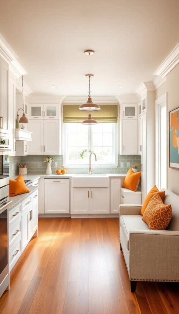 A bright and airy beige kitchen with thoughtful accent colors. Warm hardwood floors lead the eye to a central island with a marble countertop. Sleek white cabinets line the walls, complemented by touches of sage green in the backsplash and window treatments. Pendant lights with brushed bronze fixtures hang overhead, casting a soft glow. Pops of ochre in the throw pillows and artwork add depth and visual interest. The space feels both modern and timeless, a harmonious blend of neutral tones and carefully selected accents. A bright and airy beige kitchen with thoughtful accent colors. Warm hardwood floors lead the eye to a central island with a marble countertop. Sleek white cabinets line the walls, complemented by touches of sage green in the backsplash and window treatments. Pendant lights with brushed bronze fixtures hang overhead, casting a soft glow. Pops of ochre in the throw pillows and artwork add depth and visual interest. The space feels both modern and timeless, a harmonious blend of neutral tones and carefully selected accents.