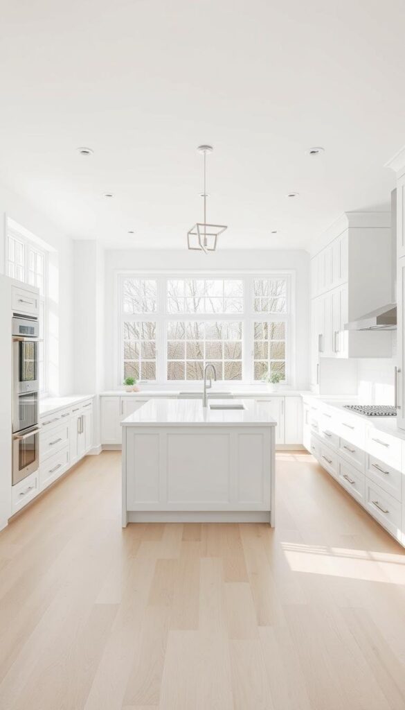 A bright and airy white kitchen with sleek, modern design elements. A large, central island with a pristine white countertop anchors the space, surrounded by minimalist white cabinets and drawers. The room is filled with natural light from large windows, casting a soft, even glow. Stainless steel appliances and hardware provide subtle accents, while a simple, geometric light fixture hovers overhead. The floor is a light, hardwood that complements the overall clean, fresh aesthetic. An atmosphere of timeless elegance and functionality. A bright and airy white kitchen with sleek, modern design elements. A large, central island with a pristine white countertop anchors the space, surrounded by minimalist white cabinets and drawers. The room is filled with natural light from large windows, casting a soft, even glow. Stainless steel appliances and hardware provide subtle accents, while a simple, geometric light fixture hovers overhead. The floor is a light, hardwood that complements the overall clean, fresh aesthetic. An atmosphere of timeless elegance and functionality.