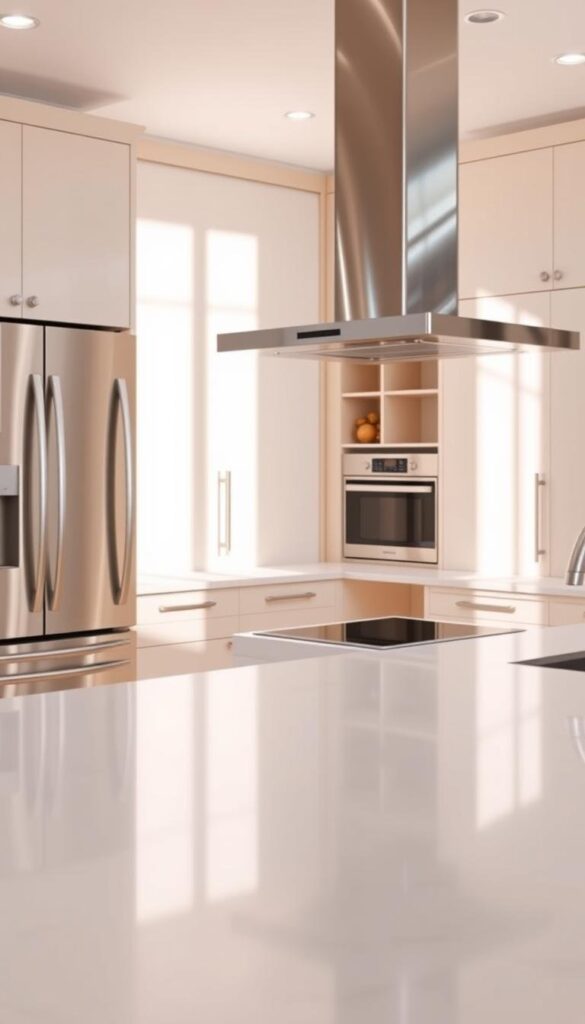 A bright, modern kitchen filled with gleaming, high-end appliances. In the foreground, a sleek, stainless steel refrigerator and oven stand tall, their surfaces reflecting the soft, natural light flooding the space. In the middle ground, a smooth, quartz countertop showcases a state-of-the-art induction cooktop and a gleaming, chrome range hood overhead. The background features a wall of floor-to-ceiling cabinets in a soft, beige tone, complementing the overall neutral palette and creating a harmonious, elegant atmosphere. The scene is captured with a wide-angle lens, emphasizing the spaciousness and functionality of the contemporary kitchen design. A bright, modern kitchen filled with gleaming, high-end appliances. In the foreground, a sleek, stainless steel refrigerator and oven stand tall, their surfaces reflecting the soft, natural light flooding the space. In the middle ground, a smooth, quartz countertop showcases a state-of-the-art induction cooktop and a gleaming, chrome range hood overhead. The background features a wall of floor-to-ceiling cabinets in a soft, beige tone, complementing the overall neutral palette and creating a harmonious, elegant atmosphere. The scene is captured with a wide-angle lens, emphasizing the spaciousness and functionality of the contemporary kitchen design.