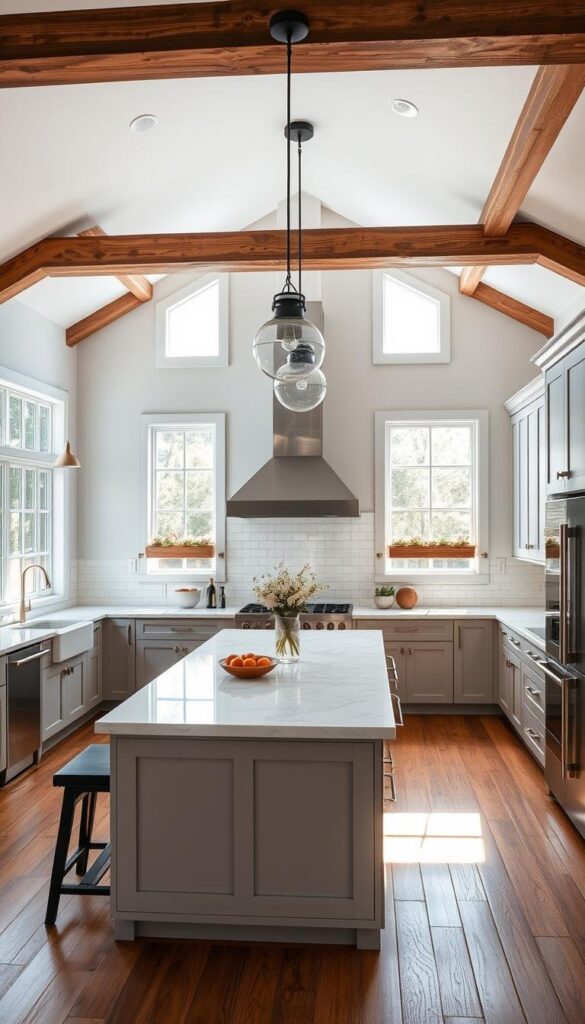 A bright, timeless kitchen layout with a harmonious blend of traditional and modern elements. The spacious, airy room features a classic farmhouse-style center island with a white marble countertop, complemented by sleek, handleless cabinetry in a soft gray hue. Abundant natural light streams in through large windows, casting a warm, inviting glow. Stainless steel appliances and a vintage-inspired range hood add a touch of industrial elegance. Rustic wood ceiling beams and a mix of pendant and recessed lighting create a balanced, sophisticated ambiance. The overall design radiates a sense of timeless sophistication and functionality, suitable for a variety of architectural styles. A bright, timeless kitchen layout with a harmonious blend of traditional and modern elements. The spacious, airy room features a classic farmhouse-style center island with a white marble countertop, complemented by sleek, handleless cabinetry in a soft gray hue. Abundant natural light streams in through large windows, casting a warm, inviting glow. Stainless steel appliances and a vintage-inspired range hood add a touch of industrial elegance. Rustic wood ceiling beams and a mix of pendant and recessed lighting create a balanced, sophisticated ambiance. The overall design radiates a sense of timeless sophistication and functionality, suitable for a variety of architectural styles.