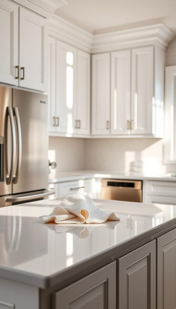 A bright, well-lit kitchen with gleaming white cabinets and a pristine quartz countertop. The scene is bathed in natural light, casting a warm, diffused glow. The cabinets have a smooth, satin finish, showcasing their impeccable cleanliness. A soft microfiber cloth sits nearby, ready to wipe away any errant smudges or fingerprints. The countertop shines like a mirror, reflecting the room's contents. A few stainless steel appliances add a touch of modern elegance, complementing the timeless white palette. The overall atmosphere exudes a sense of tranquility and order, inviting the viewer to imagine the effortless maintenance of this beautiful white kitchen. A bright, well-lit kitchen with gleaming white cabinets and a pristine quartz countertop. The scene is bathed in natural light, casting a warm, diffused glow. The cabinets have a smooth, satin finish, showcasing their impeccable cleanliness. A soft microfiber cloth sits nearby, ready to wipe away any errant smudges or fingerprints. The countertop shines like a mirror, reflecting the room's contents. A few stainless steel appliances add a touch of modern elegance, complementing the timeless white palette. The overall atmosphere exudes a sense of tranquility and order, inviting the viewer to imagine the effortless maintenance of this beautiful white kitchen.
