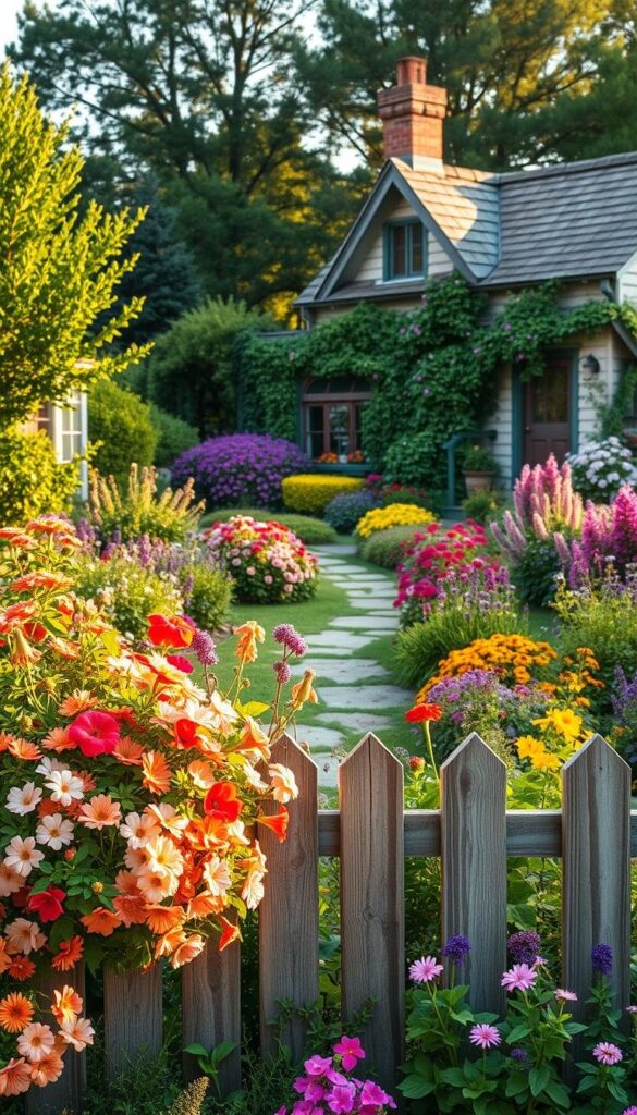 A charming and vibrant cottage garden scene, filled with an abundance of colorful blooms throughout the seasons. In the foreground, a lush mix of perennials and annuals cascade over a weathered wooden fence, their petals dancing in the soft, natural lighting. In the middle ground, a whimsical path winds through the garden, flanked by bursts of color from flowering shrubs and climbing vines. In the background, a quaint cottage nestled among mature trees, its weathered siding and cozy charm creating a picturesque, timeless setting. Warm, golden tones bathe the scene, evoking a sense of tranquility and timeless beauty. A charming and vibrant cottage garden scene, filled with an abundance of colorful blooms throughout the seasons. In the foreground, a lush mix of perennials and annuals cascade over a weathered wooden fence, their petals dancing in the soft, natural lighting. In the middle ground, a whimsical path winds through the garden, flanked by bursts of color from flowering shrubs and climbing vines. In the background, a quaint cottage nestled among mature trees, its weathered siding and cozy charm creating a picturesque, timeless setting. Warm, golden tones bathe the scene, evoking a sense of tranquility and timeless beauty.