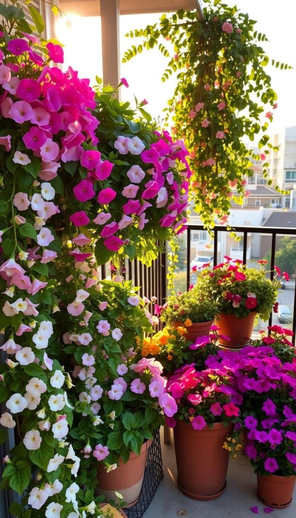A charming balcony with an abundance of vibrant flowers and lush greenery, bathed in warm, golden sunlight. In the foreground, cascading vines and trailing blooms spill over the railing, creating a lush, romantic display. In the middle ground, a variety of potted plants and flowers in complementary colors – from delicate pastel petunias to bold, vibrant geraniums – are artfully arranged to create a cohesive, visually stunning tableau. In the background, a glimpse of the cityscape beyond, providing a picturesque contrast to the natural beauty of the balcony oasis. The overall scene exudes a sense of tranquility, inviting the viewer to imagine themselves relaxing amidst this verdant, serene setting. A charming balcony with an abundance of vibrant flowers and lush greenery, bathed in warm, golden sunlight. In the foreground, cascading vines and trailing blooms spill over the railing, creating a lush, romantic display. In the middle ground, a variety of potted plants and flowers in complementary colors – from delicate pastel petunias to bold, vibrant geraniums – are artfully arranged to create a cohesive, visually stunning tableau. In the background, a glimpse of the cityscape beyond, providing a picturesque contrast to the natural beauty of the balcony oasis. The overall scene exudes a sense of tranquility, inviting the viewer to imagine themselves relaxing amidst this verdant, serene setting.