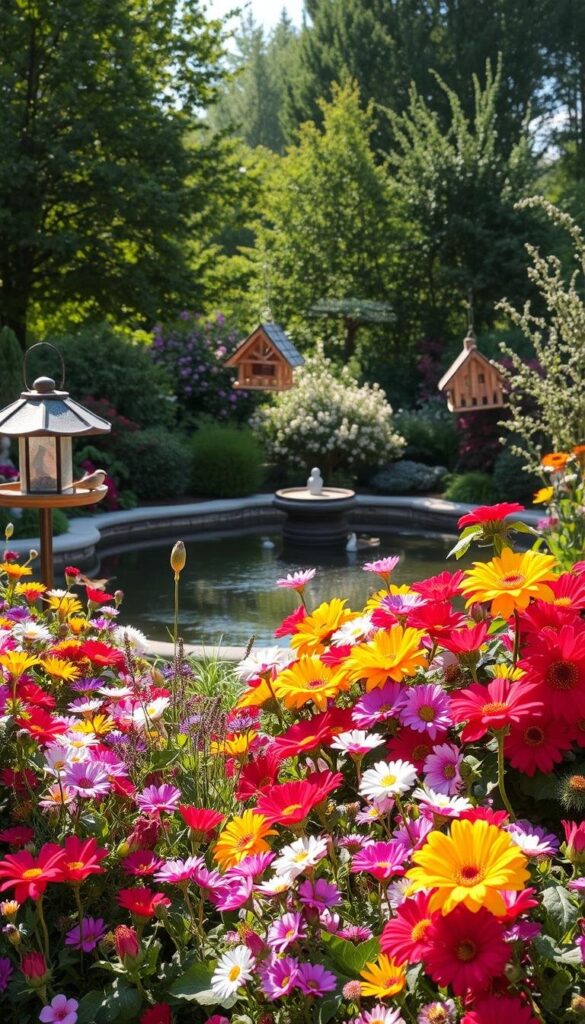 A charming outdoor garden display, basking in the warm glow of natural light. In the foreground, a captivating array of vibrant flowers in full bloom - a kaleidoscope of colors that dance in the gentle breeze. Nestled amidst the lush greenery, bird feeders and birdbaths beckon a variety of feathered visitors, their graceful movements adding a mesmerizing touch to the scene. The middle ground features a tranquil pond, its still waters reflecting the surrounding foliage and the occasional darting dragonfly. The background showcases a backdrop of verdant trees and shrubs, providing a serene and inviting atmosphere that draws in curious wildlife. The overall composition evokes a sense of harmony and natural wonder, creating an idyllic setting to explore the captivating floral garden. A charming outdoor garden display, basking in the warm glow of natural light. In the foreground, a captivating array of vibrant flowers in full bloom - a kaleidoscope of colors that dance in the gentle breeze. Nestled amidst the lush greenery, bird feeders and birdbaths beckon a variety of feathered visitors, their graceful movements adding a mesmerizing touch to the scene. The middle ground features a tranquil pond, its still waters reflecting the surrounding foliage and the occasional darting dragonfly. The background showcases a backdrop of verdant trees and shrubs, providing a serene and inviting atmosphere that draws in curious wildlife. The overall composition evokes a sense of harmony and natural wonder, creating an idyllic setting to explore the captivating floral garden.