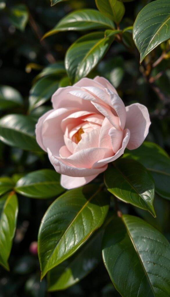 A close-up photograph of a blooming Camellia Japonica flower in winter. The delicate petals, in a range of soft, muted pinks, are gently unfurling against a backdrop of lush, verdant foliage. Soft, diffused natural lighting illuminates the scene, creating a sense of tranquility and serenity. The flower is captured at the perfect moment, showcasing the exquisite details of its intricate structure. The image has a shallow depth of field, allowing the bloom to be the central focus, while the surrounding leaves provide a harmonious, natural frame. The overall atmosphere evokes the serene beauty of a traditional Japanese garden in the wintertime. A close-up photograph of a blooming Camellia Japonica flower in winter. The delicate petals, in a range of soft, muted pinks, are gently unfurling against a backdrop of lush, verdant foliage. Soft, diffused natural lighting illuminates the scene, creating a sense of tranquility and serenity. The flower is captured at the perfect moment, showcasing the exquisite details of its intricate structure. The image has a shallow depth of field, allowing the bloom to be the central focus, while the surrounding leaves provide a harmonious, natural frame. The overall atmosphere evokes the serene beauty of a traditional Japanese garden in the wintertime.