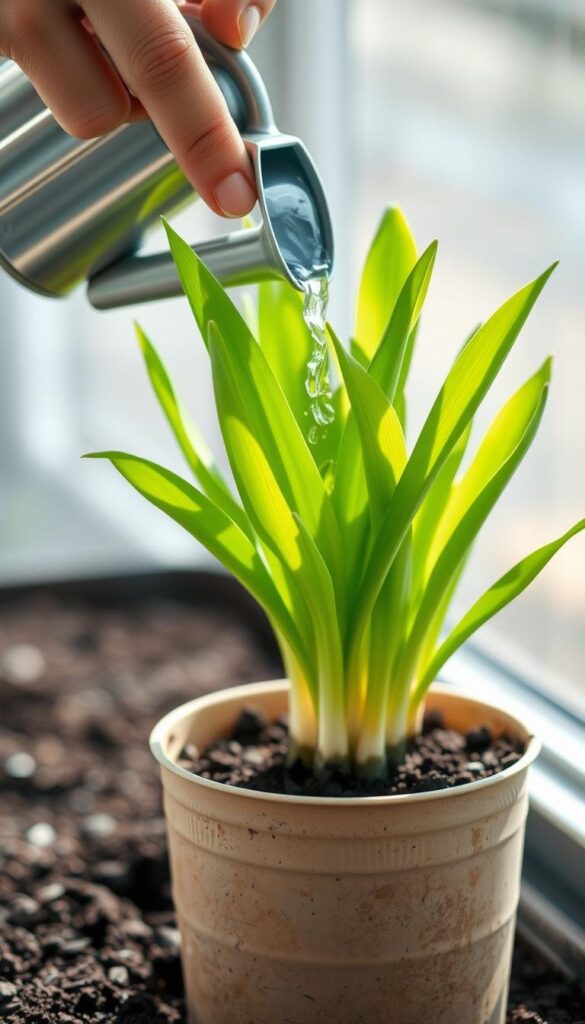 A close-up photograph of a person's hands carefully watering lush, green foliage of a potted bulb plant. The plant is positioned in the foreground, with a soft, blurred background. Soft, natural lighting illuminates the scene, casting gentle shadows. The hands are using a small watering can, pouring water gently and evenly over the soil. The focus is on the act of watering, conveying a sense of attentive care and nurturing. The composition emphasizes the delicacy and importance of this simple, yet essential, gardening task. A close-up photograph of a person's hands carefully watering lush, green foliage of a potted bulb plant. The plant is positioned in the foreground, with a soft, blurred background. Soft, natural lighting illuminates the scene, casting gentle shadows. The hands are using a small watering can, pouring water gently and evenly over the soil. The focus is on the act of watering, conveying a sense of attentive care and nurturing. The composition emphasizes the delicacy and importance of this simple, yet essential, gardening task.