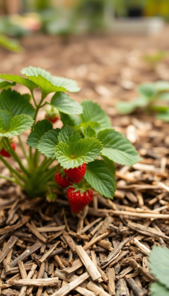 A close-up photograph of a thriving strawberry plant in a home garden. The plant is shown in the foreground, with its lush green leaves and bright red ripe strawberries. The middle ground features a layer of organic mulch, such as wood chips or straw, covering the soil around the plant. The background is blurred, showcasing the mulching technique and its role in maintaining soil moisture and suppressing weeds. The lighting is soft and natural, capturing the earthy tones and textures of the scene. The overall mood is one of calm, healthy growth, and the attention to detail in the strawberry plant care is evident. A close-up photograph of a thriving strawberry plant in a home garden. The plant is shown in the foreground, with its lush green leaves and bright red ripe strawberries. The middle ground features a layer of organic mulch, such as wood chips or straw, covering the soil around the plant. The background is blurred, showcasing the mulching technique and its role in maintaining soil moisture and suppressing weeds. The lighting is soft and natural, capturing the earthy tones and textures of the scene. The overall mood is one of calm, healthy growth, and the attention to detail in the strawberry plant care is evident.