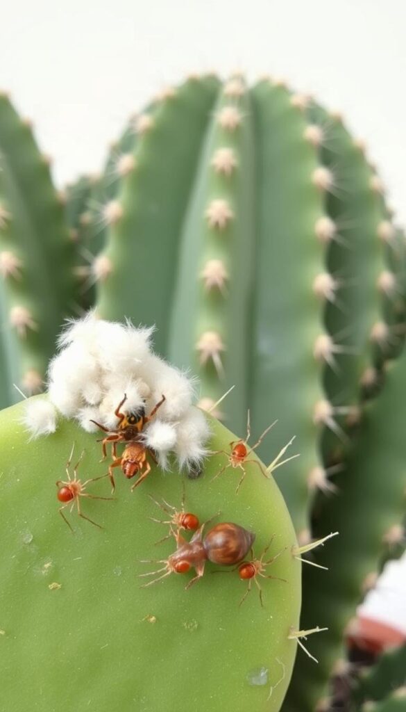 A close-up view of a thriving cactus plant, its thick green pads contrasted against a clean, minimal background. In the foreground, several common cactus pests are visible, including a cottony white mealybug infestation, a cluster of tiny red spider mites, and the telltale trails of a snail or slug. The lighting is soft and diffused, highlighting the textural details of the plant and its unwelcome visitors. The overall scene conveys a sense of potential threat to the cactus's health, inviting the viewer to learn more about these prevalent issues and how to address them. A close-up view of a thriving cactus plant, its thick green pads contrasted against a clean, minimal background. In the foreground, several common cactus pests are visible, including a cottony white mealybug infestation, a cluster of tiny red spider mites, and the telltale trails of a snail or slug. The lighting is soft and diffused, highlighting the textural details of the plant and its unwelcome visitors. The overall scene conveys a sense of potential threat to the cactus's health, inviting the viewer to learn more about these prevalent issues and how to address them.