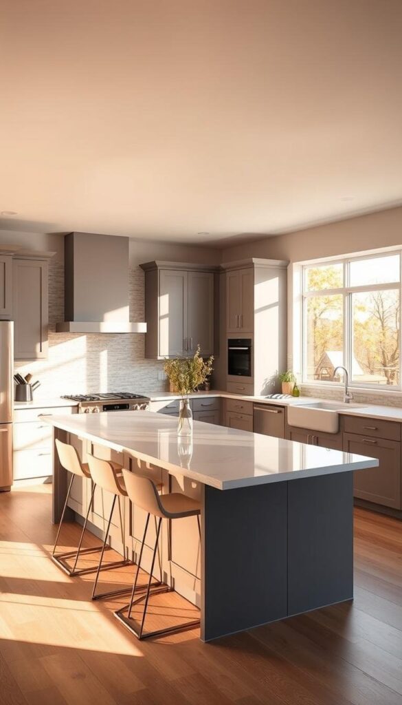 A contemporary kitchen with an expansive island seating area, illuminated by warm, natural lighting streaming through large windows. The island features a sleek, minimalist design with a smooth quartz countertop and modern bar stools. The kitchen's cabinetry is a mix of muted grey and white tones, complemented by stainless steel appliances. The backsplash is a subtle, textured tile that adds visual interest. The overall atmosphere is one of sophistication and functionality, reflecting the latest trends in modern kitchen design. A contemporary kitchen with an expansive island seating area, illuminated by warm, natural lighting streaming through large windows. The island features a sleek, minimalist design with a smooth quartz countertop and modern bar stools. The kitchen's cabinetry is a mix of muted grey and white tones, complemented by stainless steel appliances. The backsplash is a subtle, textured tile that adds visual interest. The overall atmosphere is one of sophistication and functionality, reflecting the latest trends in modern kitchen design.