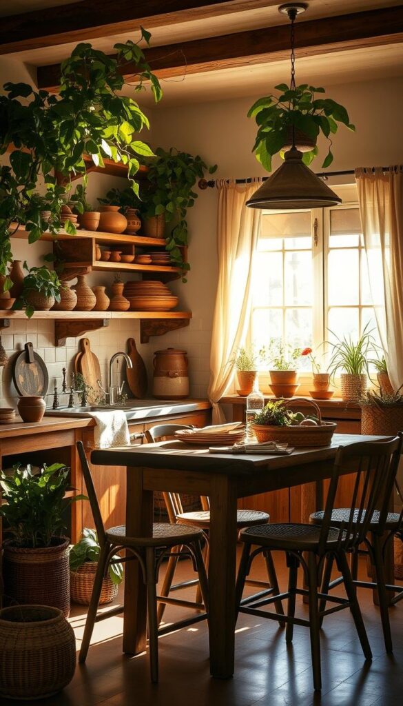 A cozy bohemian kitchen, sun-drenched and alive with natural textures. Lush potted plants adorn the windowsill, their verdant leaves casting dancing shadows. Rustic wooden shelves display an array of earthenware, each piece a handcrafted masterpiece. Woven baskets overflow with fresh produce, their organic shapes complementing the rough-hewn table and mismatched chairs. Warm, golden light filters through sheer curtains, creating a serene, inviting ambiance. The air is imbued with the aroma of herbs and spices, a symphony of earthy fragrances. This kitchen embraces the beauty of the natural world, where form and function harmonize in a captivating display of bohemian charm. A cozy bohemian kitchen, sun-drenched and alive with natural textures. Lush potted plants adorn the windowsill, their verdant leaves casting dancing shadows. Rustic wooden shelves display an array of earthenware, each piece a handcrafted masterpiece. Woven baskets overflow with fresh produce, their organic shapes complementing the rough-hewn table and mismatched chairs. Warm, golden light filters through sheer curtains, creating a serene, inviting ambiance. The air is imbued with the aroma of herbs and spices, a symphony of earthy fragrances. This kitchen embraces the beauty of the natural world, where form and function harmonize in a captivating display of bohemian charm.
