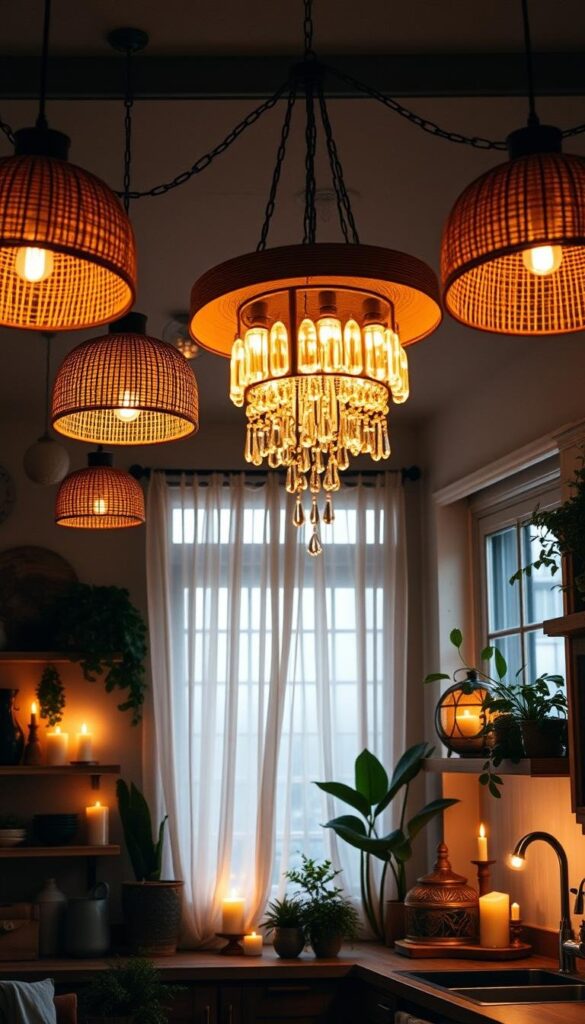 A cozy boho-inspired kitchen bathed in warm, ambient lighting. Clusters of rustic pendant lamps with natural rattan or woven shades hang from the ceiling, casting a soft, diffused glow over the space. A large, statement chandelier with cascading glass or crystal elements takes center stage, complementing the eclectic decor. Candles flicker on shelves and windowsills, creating a sense of coziness and intimacy. Sheer, flowing curtains filter the natural light, infusing the room with a dreamy, romantic atmosphere. Earthy tones, natural textures, and plants throughout the space enhance the boho-chic aesthetic, making this kitchen a haven of relaxed, bohemian charm. A cozy boho-inspired kitchen bathed in warm, ambient lighting. Clusters of rustic pendant lamps with natural rattan or woven shades hang from the ceiling, casting a soft, diffused glow over the space. A large, statement chandelier with cascading glass or crystal elements takes center stage, complementing the eclectic decor. Candles flicker on shelves and windowsills, creating a sense of coziness and intimacy. Sheer, flowing curtains filter the natural light, infusing the room with a dreamy, romantic atmosphere. Earthy tones, natural textures, and plants throughout the space enhance the boho-chic aesthetic, making this kitchen a haven of relaxed, bohemian charm.