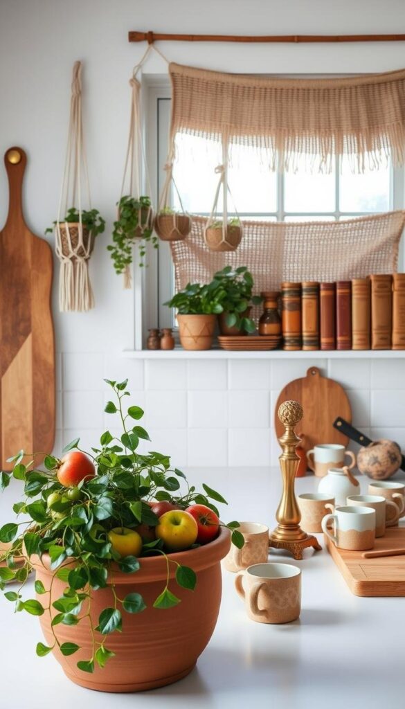 A cozy boho kitchen counter, adorned with an assortment of handcrafted accessories. In the foreground, a terracotta plant pot with trailing greenery, a woven basket filled with seasonal fruits, and a set of mismatched ceramic mugs in earthy tones. The middle ground features a vintage brass candlestick, a wooden cutting board, and a collection of artisanal spice jars. The background showcases a windowsill with macrame plant hangers, a woven tapestry, and a few worn leather-bound books. The scene is bathed in warm, natural lighting, casting a soft, inviting glow throughout the space, evoking a sense of rustic charm and personal expression. A cozy boho kitchen counter, adorned with an assortment of handcrafted accessories. In the foreground, a terracotta plant pot with trailing greenery, a woven basket filled with seasonal fruits, and a set of mismatched ceramic mugs in earthy tones. The middle ground features a vintage brass candlestick, a wooden cutting board, and a collection of artisanal spice jars. The background showcases a windowsill with macrame plant hangers, a woven tapestry, and a few worn leather-bound books. The scene is bathed in warm, natural lighting, casting a soft, inviting glow throughout the space, evoking a sense of rustic charm and personal expression.