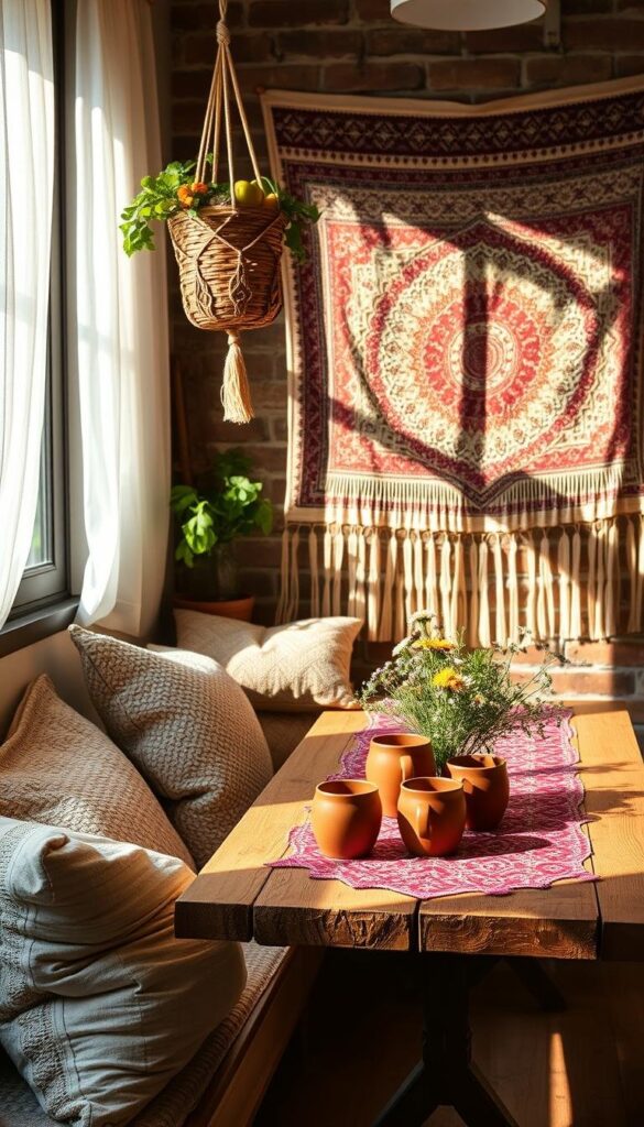 A cozy boho kitchen nook, bathed in warm, natural light filtering through sheer curtains. In the foreground, an eclectic arrangement of textured pillows, a hanging macrame plant holder, and a woven basket brimming with fresh produce. The middle ground features a rustic wooden table topped with a vibrant patterned tablecloth, complemented by a cluster of earthenware mugs and a bouquet of wildflowers. The background showcases a weathered brick wall adorned with an artfully-hung tapestry, casting a soothing, bohemian ambiance throughout the space. Soft shadows play across the surfaces, highlighting the layered textures and organic materials that embody the essence of a boho-inspired kitchen. A cozy boho kitchen nook, bathed in warm, natural light filtering through sheer curtains. In the foreground, an eclectic arrangement of textured pillows, a hanging macrame plant holder, and a woven basket brimming with fresh produce. The middle ground features a rustic wooden table topped with a vibrant patterned tablecloth, complemented by a cluster of earthenware mugs and a bouquet of wildflowers. The background showcases a weathered brick wall adorned with an artfully-hung tapestry, casting a soothing, bohemian ambiance throughout the space. Soft shadows play across the surfaces, highlighting the layered textures and organic materials that embody the essence of a boho-inspired kitchen.
