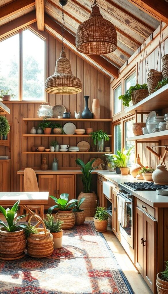 A cozy boho kitchen with rustic wooden cabinetry, natural textures, and earthy tones. Hanging rattan light fixtures cast a warm glow over the space. A colorful patterned rug and eclectic mix of potted plants bring a touch of bohemian flair. Sunlight streams in through large windows, illuminating the space with a soft, diffused light. Vintage-inspired ceramic dishware and handwoven baskets adorn the open shelves, complementing the overall relaxed and inviting atmosphere. The kitchen radiates a sense of eclectic charm and artisanal authenticity. A cozy boho kitchen with rustic wooden cabinetry, natural textures, and earthy tones. Hanging rattan light fixtures cast a warm glow over the space. A colorful patterned rug and eclectic mix of potted plants bring a touch of bohemian flair. Sunlight streams in through large windows, illuminating the space with a soft, diffused light. Vintage-inspired ceramic dishware and handwoven baskets adorn the open shelves, complementing the overall relaxed and inviting atmosphere. The kitchen radiates a sense of eclectic charm and artisanal authenticity.