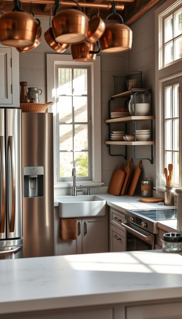 A cozy cottage kitchen filled with modern, energy-efficient appliances in a soft, muted color palette. Gleaming stainless steel refrigerator, sleek induction cooktop, and convection oven with brushed metal accents. Complemented by a farmhouse-style sink, wooden cutting boards, and decorative copper pots hanging overhead. Natural light streams in through large windows, casting a warm glow on the scene. The appliances are seamlessly integrated into the rustic, vintage-inspired cabinetry and shelving, creating a harmonious, inviting atmosphere. A cozy cottage kitchen filled with modern, energy-efficient appliances in a soft, muted color palette. Gleaming stainless steel refrigerator, sleek induction cooktop, and convection oven with brushed metal accents. Complemented by a farmhouse-style sink, wooden cutting boards, and decorative copper pots hanging overhead. Natural light streams in through large windows, casting a warm glow on the scene. The appliances are seamlessly integrated into the rustic, vintage-inspired cabinetry and shelving, creating a harmonious, inviting atmosphere.