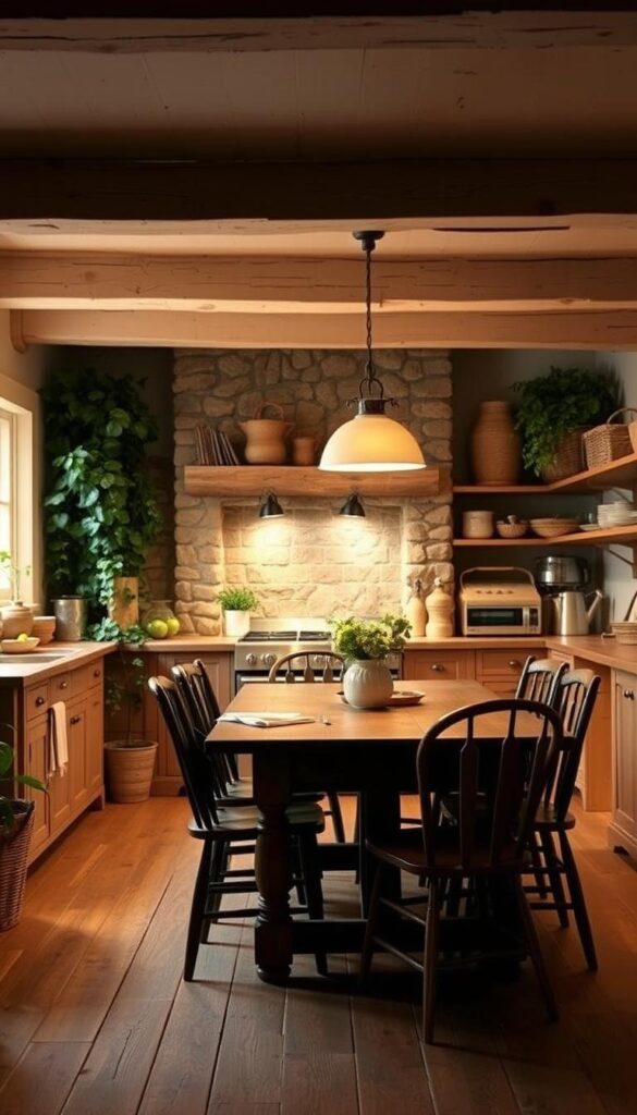 A cozy cottage kitchen with natural, rustic materials. Warm, soft lighting casts a gentle glow over a wooden farmhouse table surrounded by simple chairs. Exposed ceiling beams and a stone fireplace in the background create a welcoming, charming atmosphere. Lush greenery and natural textures, such as woven baskets and wooden shelves, add warmth and coziness. The overall scene reflects the quintessential character of a traditional cottage kitchen, with an emphasis on natural materials and a lived-in, inviting ambiance. A cozy cottage kitchen with natural, rustic materials. Warm, soft lighting casts a gentle glow over a wooden farmhouse table surrounded by simple chairs. Exposed ceiling beams and a stone fireplace in the background create a welcoming, charming atmosphere. Lush greenery and natural textures, such as woven baskets and wooden shelves, add warmth and coziness. The overall scene reflects the quintessential character of a traditional cottage kitchen, with an emphasis on natural materials and a lived-in, inviting ambiance.