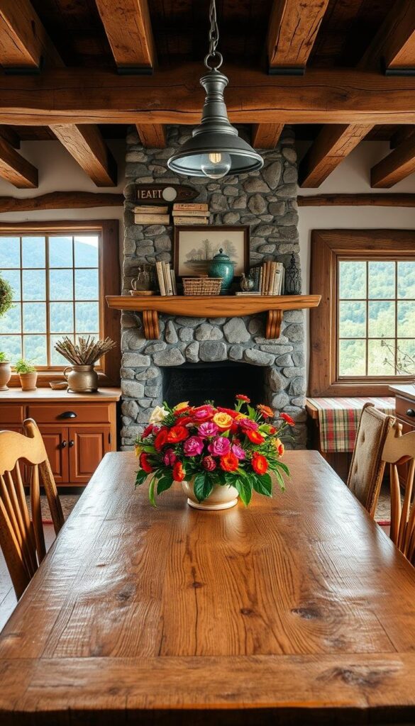 A cozy country kitchen with rustic design elements. In the foreground, a farmhouse-style wooden table surrounded by distressed wooden chairs, with a centerpiece of fresh flowers. In the middle ground, a stone fireplace with a mantel displaying antique trinkets and cookbooks. The background features exposed wooden beams, vintage light fixtures, and a window overlooking a lush, bucolic landscape. The scene is bathed in warm, natural lighting, creating a inviting and homely atmosphere. The overall composition emphasizes the benefits of a rustic kitchen - a gathering place for family and friends, a connection to the natural world, and a reflection of timeless, handcrafted design. A cozy country kitchen with rustic design elements. In the foreground, a farmhouse-style wooden table surrounded by distressed wooden chairs, with a centerpiece of fresh flowers. In the middle ground, a stone fireplace with a mantel displaying antique trinkets and cookbooks. The background features exposed wooden beams, vintage light fixtures, and a window overlooking a lush, bucolic landscape. The scene is bathed in warm, natural lighting, creating a inviting and homely atmosphere. The overall composition emphasizes the benefits of a rustic kitchen - a gathering place for family and friends, a connection to the natural world, and a reflection of timeless, handcrafted design.