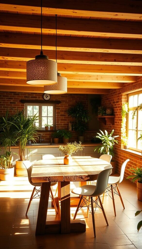 A cozy, earthy kitchen bathed in warm, natural lighting. Soft, golden glow from pendant lamps with textured, ceramic shades casting a gentle ambiance. Exposed wooden beams overhead, complemented by rustic brick walls and earth-toned tiles underfoot. Lush, verdant plants scattered throughout, adding pops of fresh greenery. Sunlight filters in through large windows, illuminating a well-worn, wooden kitchen table surrounded by simple, modern chairs. An inviting, harmonious space that celebrates the beauty of natural materials and elements. A cozy, earthy kitchen bathed in warm, natural lighting. Soft, golden glow from pendant lamps with textured, ceramic shades casting a gentle ambiance. Exposed wooden beams overhead, complemented by rustic brick walls and earth-toned tiles underfoot. Lush, verdant plants scattered throughout, adding pops of fresh greenery. Sunlight filters in through large windows, illuminating a well-worn, wooden kitchen table surrounded by simple, modern chairs. An inviting, harmonious space that celebrates the beauty of natural materials and elements.