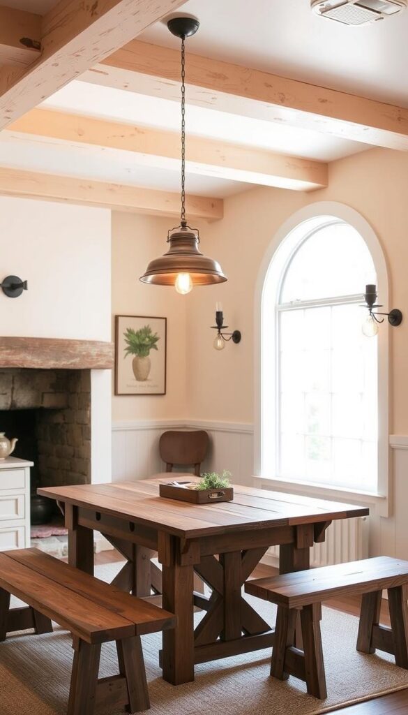 A cozy farmhouse kitchen, bathed in warm, inviting light. Antique copper pendant lamps hang above a rustic wooden table, casting a soft, golden glow across the room. The walls are painted in a soothing cream color, and vintage sconces flank a large, arched window, flooding the space with natural illumination. Exposed beams and a stone fireplace create a charming, country-chic ambiance, while a weathered wooden bench and plush area rug add texture and comfort. The overall lighting scheme strikes a perfect balance between rustic charm and modern functionality, creating a welcoming, lived-in atmosphere. A cozy farmhouse kitchen, bathed in warm, inviting light. Antique copper pendant lamps hang above a rustic wooden table, casting a soft, golden glow across the room. The walls are painted in a soothing cream color, and vintage sconces flank a large, arched window, flooding the space with natural illumination. Exposed beams and a stone fireplace create a charming, country-chic ambiance, while a weathered wooden bench and plush area rug add texture and comfort. The overall lighting scheme strikes a perfect balance between rustic charm and modern functionality, creating a welcoming, lived-in atmosphere.