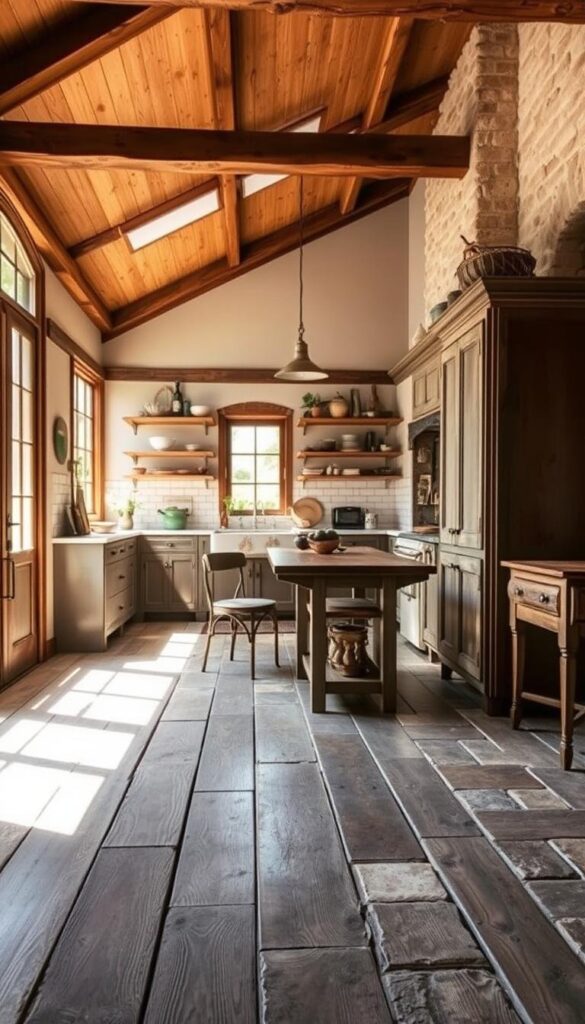 A cozy farmhouse kitchen, bathed in warm, natural light filtering through large windows. The floor, a mix of weathered wood planks and rustic stone tiles, creating a charming, lived-in feel. Varying shades of brown, gray, and muted tones blend harmoniously, complementing the vintage furnishings and exposed beams above. A subtle play of textures, from the rough-hewn wood to the smooth stone, adds depth and character to the space. The overall atmosphere is one of timeless elegance and comfortable farmhouse charm, inviting you to pause, relax, and savor the simple pleasures of life. A cozy farmhouse kitchen, bathed in warm, natural light filtering through large windows. The floor, a mix of weathered wood planks and rustic stone tiles, creating a charming, lived-in feel. Varying shades of brown, gray, and muted tones blend harmoniously, complementing the vintage furnishings and exposed beams above. A subtle play of textures, from the rough-hewn wood to the smooth stone, adds depth and character to the space. The overall atmosphere is one of timeless elegance and comfortable farmhouse charm, inviting you to pause, relax, and savor the simple pleasures of life.