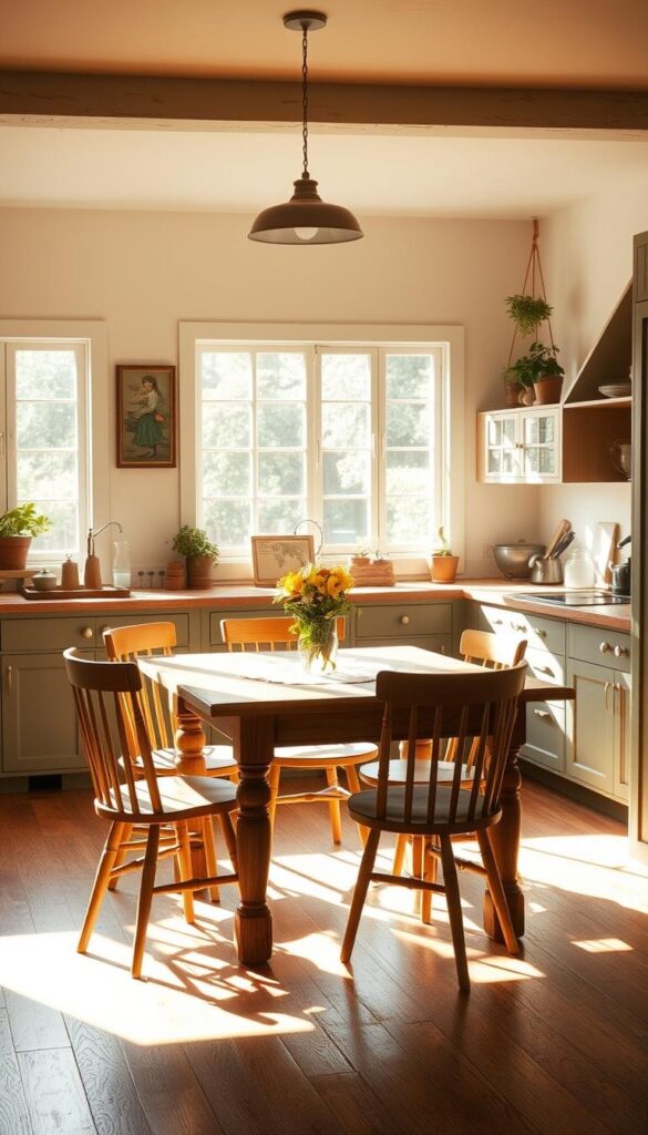A cozy farmhouse kitchen bathed in warm, natural light. The scene features a rustic wooden table surrounded by simple, comfortable chairs in a muted palette of earthy tones. The kitchen cabinets are painted in a soft, muted green, complemented by the rich brown of the wooden countertops. Sunlight streams in through the large windows, casting a gentle glow on the space. The walls are adorned with vintage-inspired artwork and a few potted plants, adding pops of color and bringing the outdoors in. The overall atmosphere is one of timeless charm and relaxed, country-inspired elegance. A cozy farmhouse kitchen bathed in warm, natural light. The scene features a rustic wooden table surrounded by simple, comfortable chairs in a muted palette of earthy tones. The kitchen cabinets are painted in a soft, muted green, complemented by the rich brown of the wooden countertops. Sunlight streams in through the large windows, casting a gentle glow on the space. The walls are adorned with vintage-inspired artwork and a few potted plants, adding pops of color and bringing the outdoors in. The overall atmosphere is one of timeless charm and relaxed, country-inspired elegance.