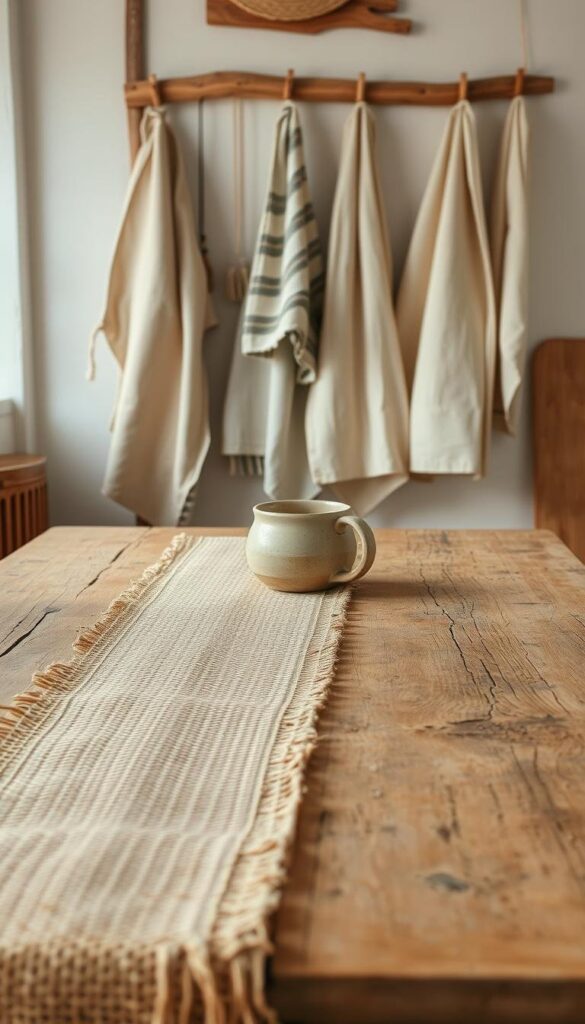 A cozy kitchen filled with earthy, organic textiles. In the foreground, a woven jute runner snakes across a worn wood table, its natural fibers complementing the rustic wooden surface. Draped over the table's edge, a linen tablecloth in a soothing neutral hue cascades down, its soft folds catching the warm, diffused light. In the middle ground, a pair of striped linen napkins and a hand-thrown ceramic mug add pops of muted color, their imperfect, artisanal textures echoing the room's natural aesthetic. Hanging from wooden dowels, delicate linen tea towels sway gently, their subdued patterns evoking a sense of tranquility. The overall atmosphere is one of harmony and simplicity, inviting the viewer to linger and savor the calm, earthy ambiance. A cozy kitchen filled with earthy, organic textiles. In the foreground, a woven jute runner snakes across a worn wood table, its natural fibers complementing the rustic wooden surface. Draped over the table's edge, a linen tablecloth in a soothing neutral hue cascades down, its soft folds catching the warm, diffused light. In the middle ground, a pair of striped linen napkins and a hand-thrown ceramic mug add pops of muted color, their imperfect, artisanal textures echoing the room's natural aesthetic. Hanging from wooden dowels, delicate linen tea towels sway gently, their subdued patterns evoking a sense of tranquility. The overall atmosphere is one of harmony and simplicity, inviting the viewer to linger and savor the calm, earthy ambiance.