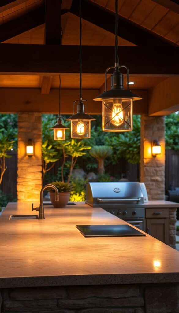 A cozy outdoor kitchen bathed in warm, ambient lighting. Soft, diffused illumination from stylish pendant lamps and path lights, casting a golden glow across the natural stone countertops and rustic wooden accents. In the background, a lush, verdant garden frames the scene, creating a tranquil, inviting atmosphere perfect for al fresco dining and entertaining. The arrangement of lighting fixtures is carefully considered, providing both functional task lighting and a captivating visual aesthetic. An elegant, well-designed outdoor kitchen that seamlessly blends form and function, elevating the backyard experience. A cozy outdoor kitchen bathed in warm, ambient lighting. Soft, diffused illumination from stylish pendant lamps and path lights, casting a golden glow across the natural stone countertops and rustic wooden accents. In the background, a lush, verdant garden frames the scene, creating a tranquil, inviting atmosphere perfect for al fresco dining and entertaining. The arrangement of lighting fixtures is carefully considered, providing both functional task lighting and a captivating visual aesthetic. An elegant, well-designed outdoor kitchen that seamlessly blends form and function, elevating the backyard experience.