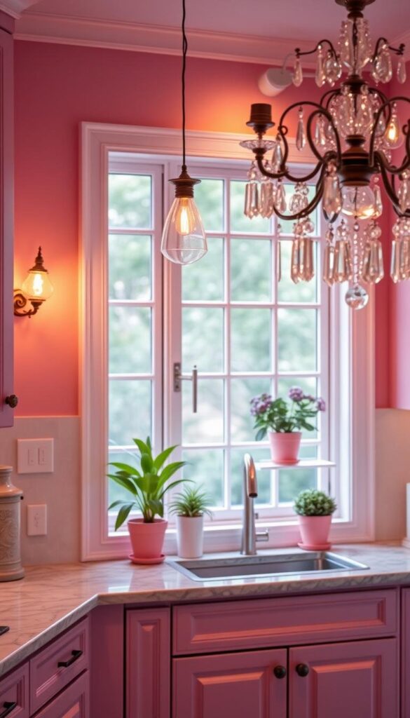 A cozy pink kitchen bathed in warm, soft lighting. Delicate glass pendant lights hang low over a marble countertop, casting a gentle glow. Ornamental wall sconces flank a large window, illuminating potted plants and pink accents. Refracted light from a crystal chandelier sparkles against pale pink cabinets. The overall ambiance is serene and inviting, perfect for an intimate gathering or quiet meal. The lighting creates a harmonious balance, highlighting the pink decor without overwhelming the space. A cozy pink kitchen bathed in warm, soft lighting. Delicate glass pendant lights hang low over a marble countertop, casting a gentle glow. Ornamental wall sconces flank a large window, illuminating potted plants and pink accents. Refracted light from a crystal chandelier sparkles against pale pink cabinets. The overall ambiance is serene and inviting, perfect for an intimate gathering or quiet meal. The lighting creates a harmonious balance, highlighting the pink decor without overwhelming the space.