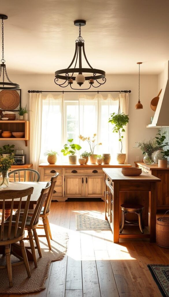 A cozy, sun-drenched boho chic kitchen with an eclectic mix of natural wood furniture and woven accents. In the foreground, a rustic farmhouse-style dining table surrounded by mismatched vintage chairs, their distressed finishes complementing the neutral palette. Overhead, a wrought-iron chandelier casts a warm glow. In the middle ground, a large kitchen island with a butcher block countertop serves as the central gathering space, its openness inviting conversation. Against the back wall, a vintage dresser repurposed as a sideboard displays an array of potted plants and woven baskets. Soft, diffused lighting filters through sheer curtains, creating a relaxed, inviting atmosphere perfect for embracing the bohemian charm. A cozy, sun-drenched boho chic kitchen with an eclectic mix of natural wood furniture and woven accents. In the foreground, a rustic farmhouse-style dining table surrounded by mismatched vintage chairs, their distressed finishes complementing the neutral palette. Overhead, a wrought-iron chandelier casts a warm glow. In the middle ground, a large kitchen island with a butcher block countertop serves as the central gathering space, its openness inviting conversation. Against the back wall, a vintage dresser repurposed as a sideboard displays an array of potted plants and woven baskets. Soft, diffused lighting filters through sheer curtains, creating a relaxed, inviting atmosphere perfect for embracing the bohemian charm.