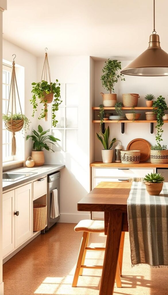 A cozy, sun-drenched kitchen with an inviting, eco-friendly ambiance. Hanging plants in macrame holders, a wooden countertop with a succulent terrarium, and natural woven baskets for storage. Warm, indirect lighting from a metal pendant lamp casts a soft glow, illuminating the space. Sustainable cork flooring and a rustic farmhouse-style wooden table with a linen runner create a harmonious, nature-inspired aesthetic. Minimal, modern lines and a neutral color palette of earthy tones, beige, and green hues evoke a sense of tranquility and balance. Soft, diffused lighting and a wide-angle lens capture the serene, inviting atmosphere of this eco-conscious kitchen decor. A cozy, sun-drenched kitchen with an inviting, eco-friendly ambiance. Hanging plants in macrame holders, a wooden countertop with a succulent terrarium, and natural woven baskets for storage. Warm, indirect lighting from a metal pendant lamp casts a soft glow, illuminating the space. Sustainable cork flooring and a rustic farmhouse-style wooden table with a linen runner create a harmonious, nature-inspired aesthetic. Minimal, modern lines and a neutral color palette of earthy tones, beige, and green hues evoke a sense of tranquility and balance. Soft, diffused lighting and a wide-angle lens capture the serene, inviting atmosphere of this eco-conscious kitchen decor.