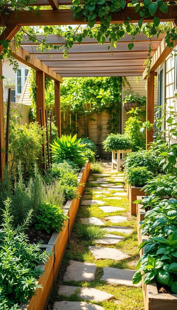 A cozy, well-designed herb garden nestled in a sunlit corner, featuring an array of lush, vibrant greens. The foreground showcases neatly arranged raised garden beds, overflowing with thriving rosemary, thyme, and basil plants. The middle ground presents a charming stone pathway winding through the verdant layout, inviting exploration. In the background, a wooden pergola adorned with cascading vines provides a picturesque backdrop, casting a warm, gentle light over the entire scene. The overall composition radiates a sense of tranquility and invites the viewer to imagine the soothing, earthy scents of the herbs. Crisp, high-resolution, cinematic lighting, and a slightly elevated camera angle to capture the harmonious layout. A cozy, well-designed herb garden nestled in a sunlit corner, featuring an array of lush, vibrant greens. The foreground showcases neatly arranged raised garden beds, overflowing with thriving rosemary, thyme, and basil plants. The middle ground presents a charming stone pathway winding through the verdant layout, inviting exploration. In the background, a wooden pergola adorned with cascading vines provides a picturesque backdrop, casting a warm, gentle light over the entire scene. The overall composition radiates a sense of tranquility and invites the viewer to imagine the soothing, earthy scents of the herbs. Crisp, high-resolution, cinematic lighting, and a slightly elevated camera angle to capture the harmonious layout.