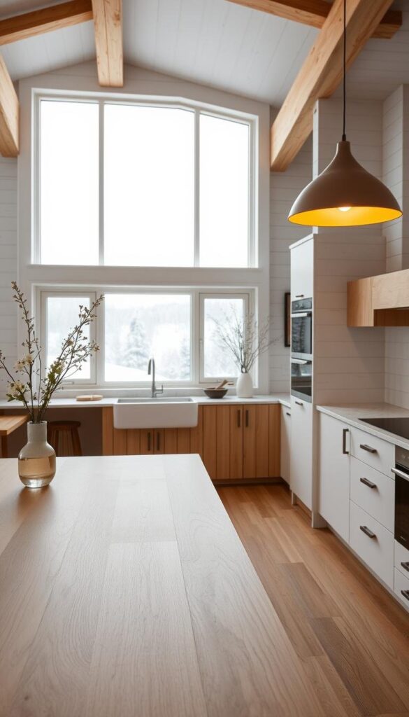 A cozy, well-lit Scandinavian-style kitchen with clean lines, natural wood accents, and a mix of modern and traditional elements. In the foreground, a large wooden kitchen island with a smooth marble countertop, surrounded by sleek white cabinets. Carefully curated decor items, such as a minimalist vase with fresh flowers, lend a touch of hygge. The middle ground features floor-to-ceiling windows that flood the space with soft, diffused natural light, offering a glimpse of a serene, snow-covered landscape outside. The background showcases a mix of textured materials, including exposed beams, white-washed wooden walls, and a statement pendant light fixture that casts a warm, inviting glow. A cozy, well-lit Scandinavian-style kitchen with clean lines, natural wood accents, and a mix of modern and traditional elements. In the foreground, a large wooden kitchen island with a smooth marble countertop, surrounded by sleek white cabinets. Carefully curated decor items, such as a minimalist vase with fresh flowers, lend a touch of hygge. The middle ground features floor-to-ceiling windows that flood the space with soft, diffused natural light, offering a glimpse of a serene, snow-covered landscape outside. The background showcases a mix of textured materials, including exposed beams, white-washed wooden walls, and a statement pendant light fixture that casts a warm, inviting glow.