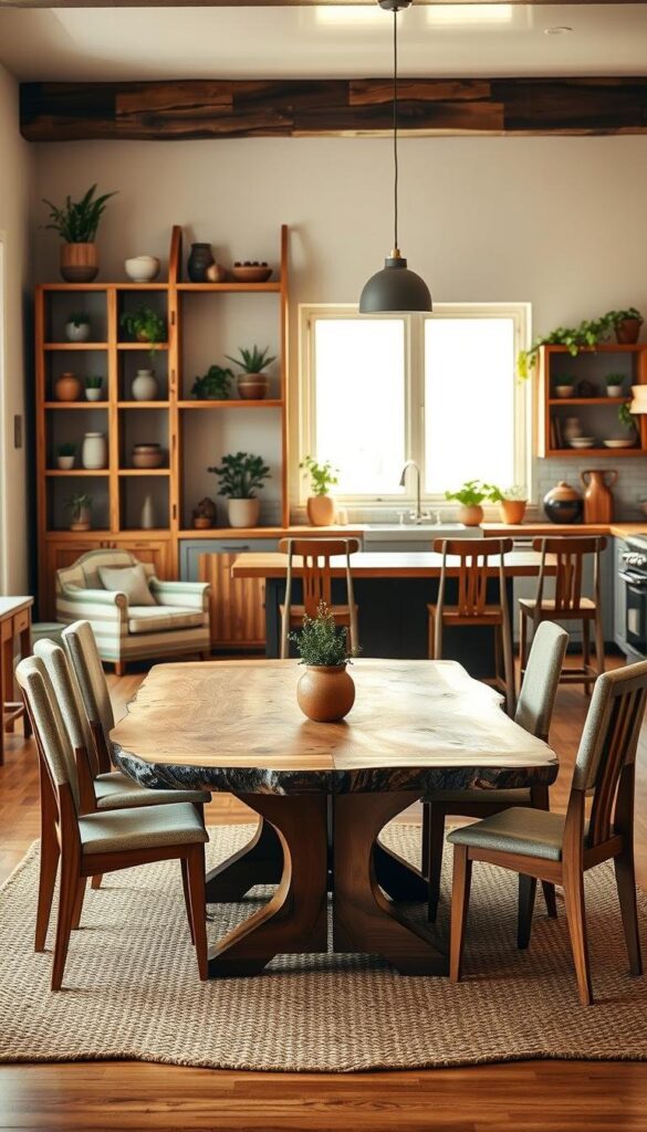 A cozy, well-lit kitchen setting with earthy, sustainable furniture pieces arranged harmoniously. In the foreground, a solid wood dining table with a live-edge top and sturdy, tapered legs sits atop a natural woven area rug. Clustered around it are a set of high-backed, upholstered dining chairs with wooden frames and neutral-toned fabrics. In the middle ground, a wooden kitchen island with a butcher-block countertop serves as a central gathering point, complemented by simple, minimalist bar stools. The background features tall, open shelving units crafted from reclaimed wood, displaying an assortment of potted plants and artisanal ceramics. Warm, diffused lighting filters through large windows, casting a soft, inviting glow throughout the space. A cozy, well-lit kitchen setting with earthy, sustainable furniture pieces arranged harmoniously. In the foreground, a solid wood dining table with a live-edge top and sturdy, tapered legs sits atop a natural woven area rug. Clustered around it are a set of high-backed, upholstered dining chairs with wooden frames and neutral-toned fabrics. In the middle ground, a wooden kitchen island with a butcher-block countertop serves as a central gathering point, complemented by simple, minimalist bar stools. The background features tall, open shelving units crafted from reclaimed wood, displaying an assortment of potted plants and artisanal ceramics. Warm, diffused lighting filters through large windows, casting a soft, inviting glow throughout the space.