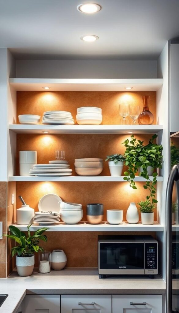 A cozy, well-lit kitchen with crisp white open shelves showcasing a curated display of sleek ceramic dishes, artisanal glassware, and lush potted plants. The shelves are positioned against a warm, earthy-toned backsplash that creates a inviting, organic ambiance. Soft, diffused lighting from above casts a gentle glow, highlighting the natural textures and colors of the kitchen essentials. The overall composition emphasizes the airy, spacious feel of the compact space, making it feel bright, uncluttered, and visually appealing. A cozy, well-lit kitchen with crisp white open shelves showcasing a curated display of sleek ceramic dishes, artisanal glassware, and lush potted plants. The shelves are positioned against a warm, earthy-toned backsplash that creates a inviting, organic ambiance. Soft, diffused lighting from above casts a gentle glow, highlighting the natural textures and colors of the kitchen essentials. The overall composition emphasizes the airy, spacious feel of the compact space, making it feel bright, uncluttered, and visually appealing.