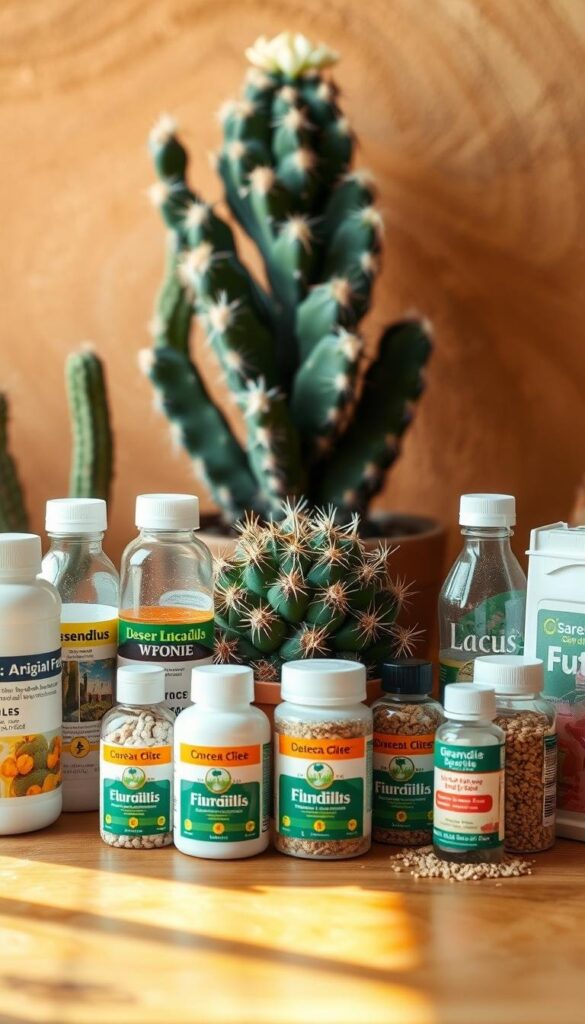A desert cactus fertilizer guide displayed on a well-lit wooden table. In the foreground, various fertilizer bottles and containers are neatly arranged, showcasing different formulations and granules. The middle ground features a lush, vibrant cactus, its intricate patterns and spines capturing the viewer's attention. The background is a warm, earthy tone, evoking the arid desert landscape. The lighting is soft and natural, creating a harmonious and informative scene that highlights the essential elements of cactus care and feeding. A desert cactus fertilizer guide displayed on a well-lit wooden table. In the foreground, various fertilizer bottles and containers are neatly arranged, showcasing different formulations and granules. The middle ground features a lush, vibrant cactus, its intricate patterns and spines capturing the viewer's attention. The background is a warm, earthy tone, evoking the arid desert landscape. The lighting is soft and natural, creating a harmonious and informative scene that highlights the essential elements of cactus care and feeding.