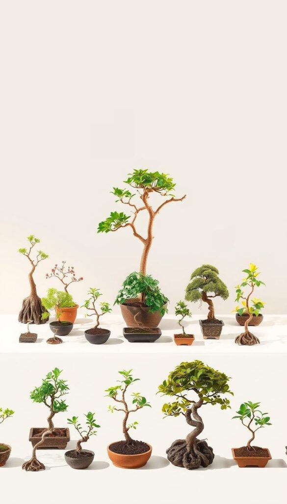 A detailed botanical illustration showcasing a beginner's guide to selecting bonsai trees. In the foreground, a collection of young bonsai specimens in various shapes and sizes, each with unique root structures and foliage. In the middle ground, a clean, minimalist table or surface displays the bonsai specimens against a serene, neutral backdrop. Soft, natural lighting illuminates the scene, creating a tranquil, zen-like atmosphere. The overall composition emphasizes the delicate balance, intricate details, and the potential of these small, resilient trees, inviting the viewer to appreciate the art of bonsai cultivation. A detailed botanical illustration showcasing a beginner's guide to selecting bonsai trees. In the foreground, a collection of young bonsai specimens in various shapes and sizes, each with unique root structures and foliage. In the middle ground, a clean, minimalist table or surface displays the bonsai specimens against a serene, neutral backdrop. Soft, natural lighting illuminates the scene, creating a tranquil, zen-like atmosphere. The overall composition emphasizes the delicate balance, intricate details, and the potential of these small, resilient trees, inviting the viewer to appreciate the art of bonsai cultivation.