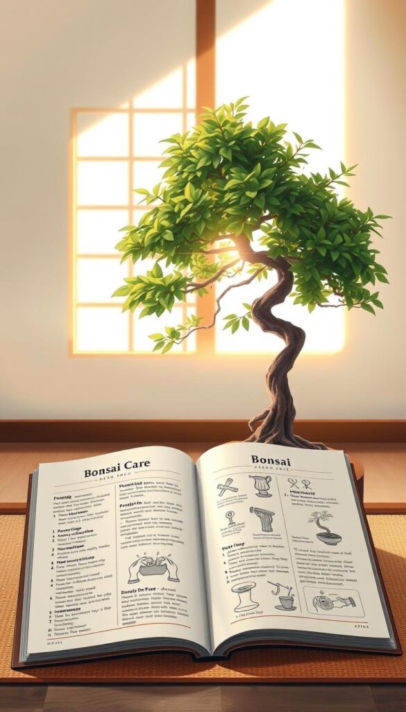 A detailed, high-resolution digital painting of a bonsai tree care guide. In the foreground, a carefully styled bonsai plant with lush green foliage and intricate branch structure. The bonsai is situated on a simple wooden pedestal, backlit by warm, natural sunlight filtering through a window. In the middle ground, an open book displays step-by-step instructions and illustrations for bonsai care, including pruning, watering, and repotting techniques. The background is a serene, minimalist Japanese-inspired setting, with soft, muted colors and clean lines accentuating the tranquility of the scene. The lighting is soft and diffused, creating a calming, contemplative atmosphere perfect for studying the art of bonsai cultivation. A detailed, high-resolution digital painting of a bonsai tree care guide. In the foreground, a carefully styled bonsai plant with lush green foliage and intricate branch structure. The bonsai is situated on a simple wooden pedestal, backlit by warm, natural sunlight filtering through a window. In the middle ground, an open book displays step-by-step instructions and illustrations for bonsai care, including pruning, watering, and repotting techniques. The background is a serene, minimalist Japanese-inspired setting, with soft, muted colors and clean lines accentuating the tranquility of the scene. The lighting is soft and diffused, creating a calming, contemplative atmosphere perfect for studying the art of bonsai cultivation.
