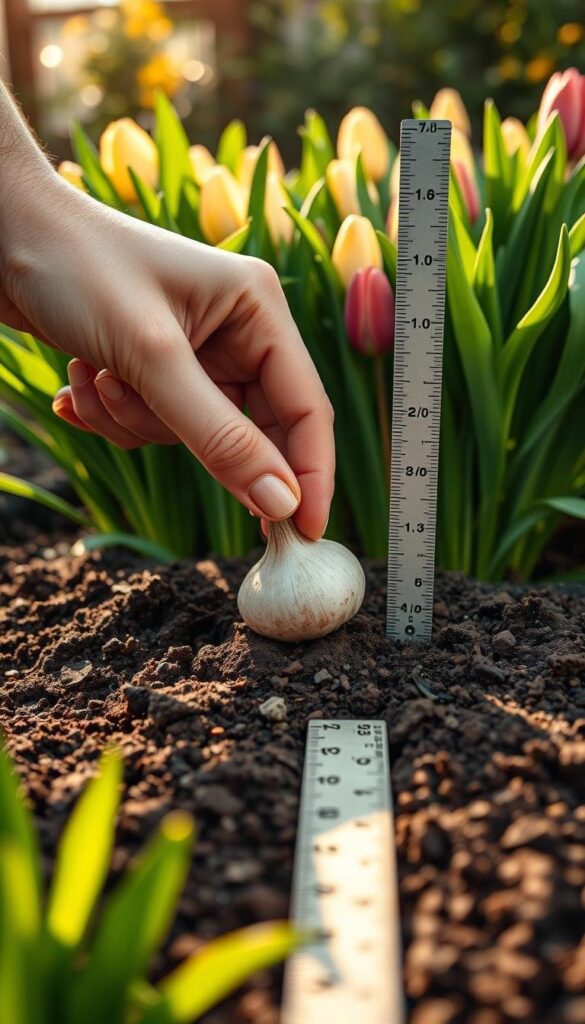 A detailed step-by-step guide on planting bulb flowers in a vibrant garden setting. A close-up view of a hand gently planting a bulb in the soil, with a ruler or measuring tool nearby to show the recommended planting depth. The background features lush green foliage and a warm, inviting natural light, conveying a sense of care and attention to the gardening process. A detailed step-by-step guide on planting bulb flowers in a vibrant garden setting. A close-up view of a hand gently planting a bulb in the soil, with a ruler or measuring tool nearby to show the recommended planting depth. The background features lush green foliage and a warm, inviting natural light, conveying a sense of care and attention to the gardening process.